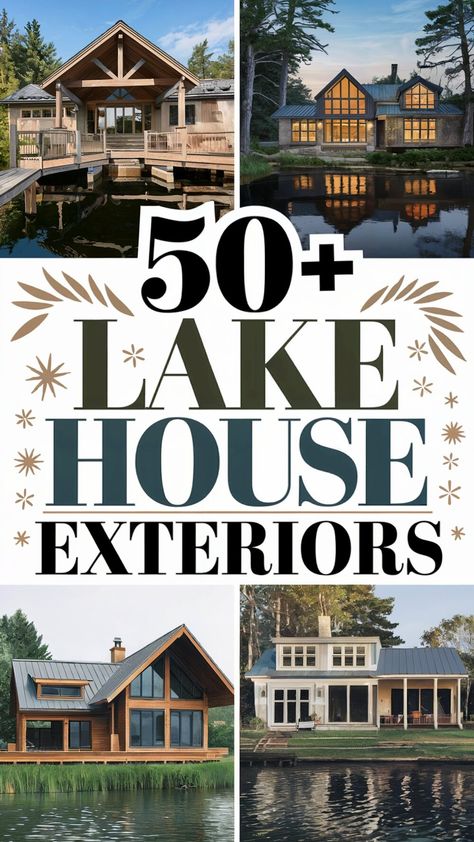 50+ Lake House Exteriors So Stunning Fish Are Jumping Out to Get a Better Look White Lake Cottage Exterior, Lake Home Outdoor Spaces, Lake House Wall Of Windows, Green Lake House Exterior Colors, Exterior Lake House Ideas, Small Lake House Renovation, Lake Cottage Exterior Colors, Waterfront Homes Exterior, Lake Home Interior Design