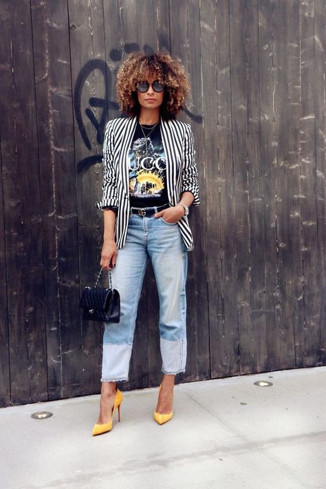 f337d999d9ad116a7b4f3d409fcc6480desc36762304ri Rocker Tee, Pastel Outfit, Blazer Outfit, Outfit Jeans, Cooler Look, Mode Inspo, Striped Blazer, Tomboy Fashion, Blazer Outfits