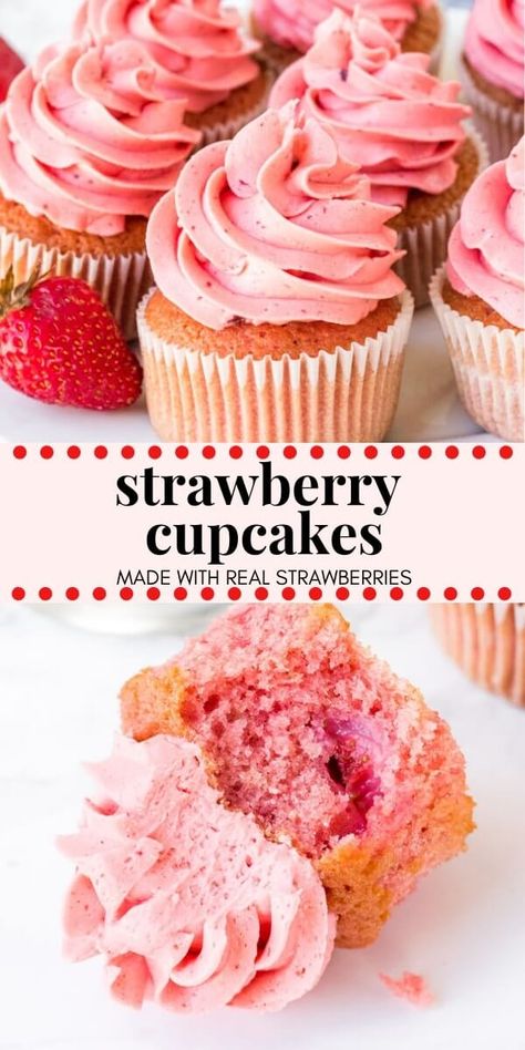 These fresh Strawberry Cupcakes have a delicious strawberry flavor and chunks of fresh strawberries in the cake batter. Then they’re frosted with strawberry frosting made from real berries for the perfect pretty-in-pink cupcake. #strawberies #cupcakes #strawberrycupcakes #recipes #spring #strawberrycake #strawberryfrosting #strawberrybuttercream #pink Strawberry Flavored Cake, Strawberry Cupcake Recipe, Fresh Strawberry Cupcakes, Strawberry Cupcake Recipes, Muffin Papers, Cake With Strawberry, Strawberry Frosting, Strawberry Buttercream, Strawberry Flavor