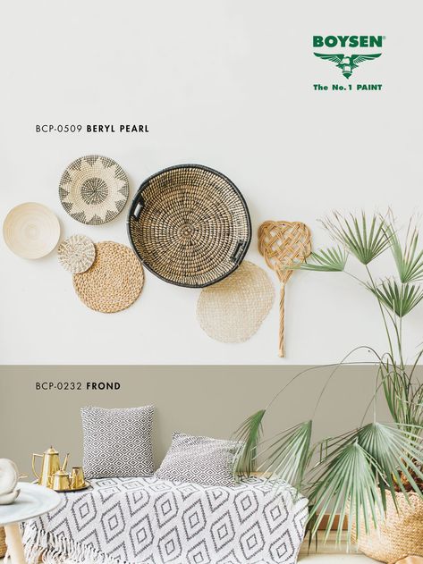 Get that #BohoAesthetic with this two toned wall of pearl white and pale olive. Being true neutrals, these hues go well together, giving off a horizon-on-grasslands type of vibe - an ideal base that you can build your space around.  #BOYSEN #BOYSENPaints - - - Color codes: BOYSEN Color Palette BCP-0509 Beryl Pearl and BCP-0232 Frond Scandi Industrial, Two Tone Walls, Color Codes, Boho Aesthetic, House Paint, 1st Bday, Better Together, Paint Color, Color Ideas