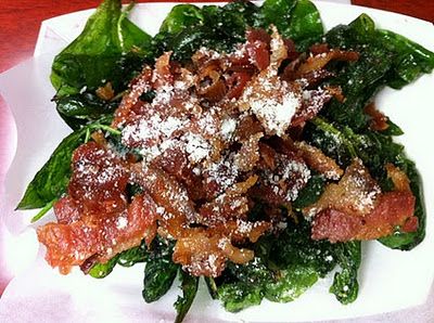 Flash fried spinach with bacon from @Baconmania Spinach With Bacon, Crispy Spinach, Fried Spinach, Popeye And Olive, Mouthwatering Recipes, Spinach Recipes, Full Meal Recipes, Food Trucks, Food Truck