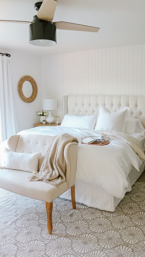 Neutral   Cozy Master Bedroom with Wallpaper: The Reveal Wallpaper Master Room Accent Wall, Wall Papered Bedroom, Neutral Bedroom Wallpaper, White Wallpaper Bedroom, Bedroom With Wallpaper, Room With Wallpaper, Bedroom Tumblr, Bedroom Ideas Pinterest, Simple Bedroom Ideas