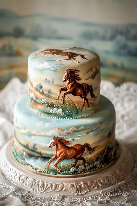 Horses at Dawn: Stunning Cake Design for Nature Lovers Equestrian Cake Ideas, Spirit Birthday Cake, Horse Cakes Birthday, Birthday Cake Horse, Horse Cake Ideas, Equestrian Cake, Horses Cake, Carolina Marie, Western Birthday Cakes