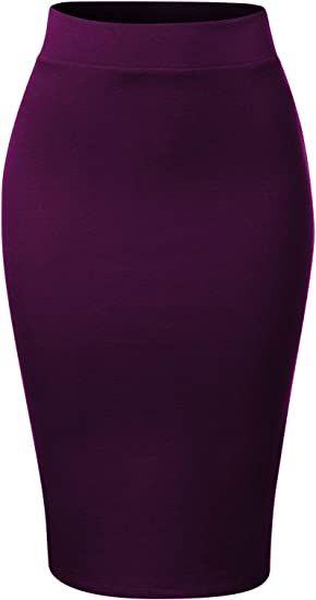 MixMatchy Women's Waist Band Midi Stretchy Ponte Basic Knee Pencil Skirt Dark Purple M at Amazon Women’s Clothing store Purple Pencil Skirt, Green Pencil Skirts, Purple Skirt, Purple Shirt, Wear To Work, Skirt Design, Amazon Women, Waist Band, Dark Purple