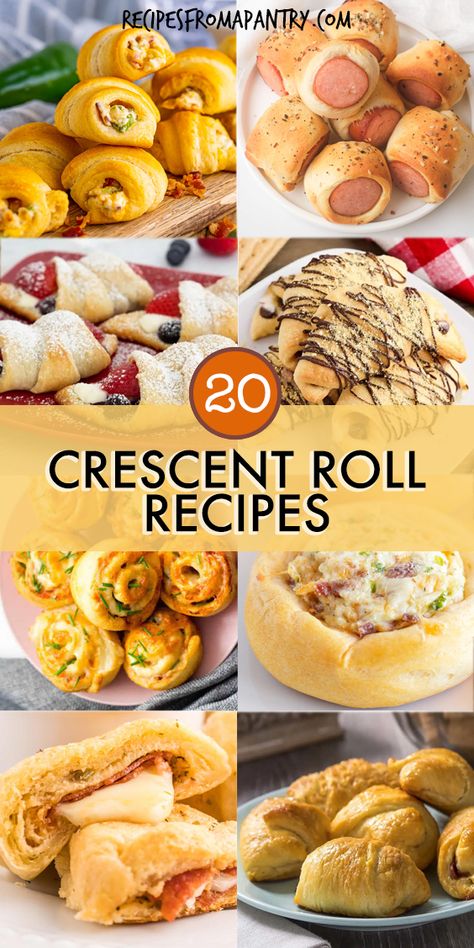 This collection of 20 crescent roll recipes is full of easy to make and totally delicious dishes your family will love. Versatile crescent roll dough is easily transformed into everything from appetizers, hearty main dishes, and sweet treats to tasty side dishes, breakfasts, and delicious desserts that are sure to please everyone. Cooking with crescent rolls is simple, budget-friendly and fun. Click through to get these awesome crescent roll dough recipes!! #crescentrolls #recipes Crescent Roll Dough Recipes, Pillsbury Biscuit Recipes, Easy Crescent Roll Recipes, Pillsbury Crescent Roll Recipes, Roll Dough Recipe, Crescent Roll Recipes Dinner, Recipes Using Crescent Rolls, Crescent Roll Appetizers, Easy Crescent Rolls