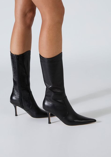 Sheba has a pointed toe and slender heel, creating a sleek silhouette, exuding timeless grace. The distinctive curved opening adds a touch of modernity, making these boots a stand out choice for any occasion. Crafted with precision and style, these calf boots will effortlessly elevate your look. -Material: Leather -Sole: Man-Made -Fit: True to Size -Toe-shape: Point -Features: Curved Opening -Heel: 8cm Leg Height x Calf Circumference x Opening Circumference 5 - 269mm x 318mm x 318mm 5.5 - 273mm Point Toed Boots, Pointed Boots Outfit, Mid Calf Boots Outfit, Winter Outfits With Boots, Calf Boots Outfit, Heels Boots Outfit, Pointy Boots, Thigh High Boots Flat, Fall Heels