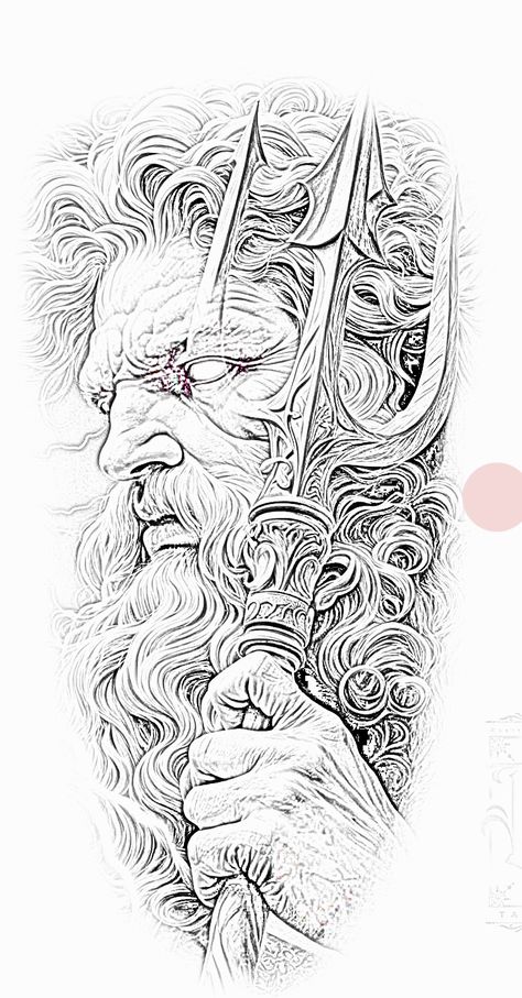 Poseidon Tattoo Design Stencil, Greek Mythology Stencil, Posiden Fan Art, Greek God Tattoos For Men, Mens Tattoo Stencils, Poseidon Tattoo Design, Tattoo Sketch Art, Greece Tattoo, Darkside Tattoo