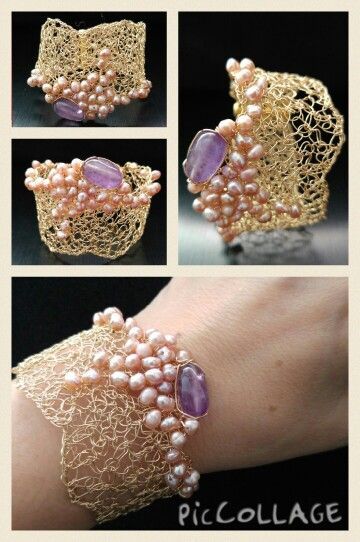 Unique Pearl Jewelry, Wire Crochet Jewelry, Wire Wrapped Jewelry Diy, Knit Jewelry, Wire Jewelry Making, Copper Wire Jewelry, Wire Crochet, Fiber Jewelry, Diy Bracelet Designs