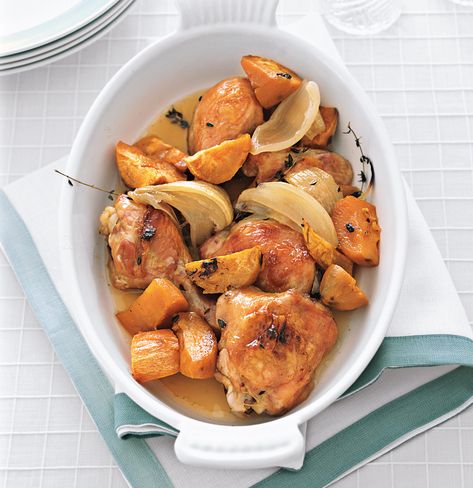 Readers’ 23 All-Time Favorite Real Simple Recipes | At the grocery store, you can save a little bit of money by purchasing a whole chicken instead of the breasts. This recipe utilizes the whole bird and cooks in one dish, making cleanup a breeze. Simply cut the poultry into eight pieces, toss with a maple syrup glaze, and bake. #recipes #recipeideas #realsimple #fastrecipes #quickrecipe #weeknight Chicken With Sweet Potatoes, Real Simple Recipes, Maple Chicken, Chicken Sweet Potato, Sweet Potato Recipes, Sheet Pan Recipes, Real Simple, Chicken And Vegetables, Roasted Chicken