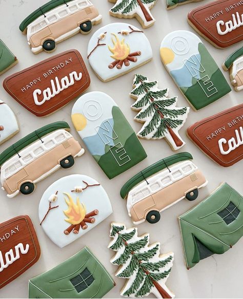 National Park Birthday Cookies, National Park Bday Party, Camping Birthday Cookies, One Happy Camper First Birthday Cookies, National Parks Birthday Party, National Park Cookies, One Happy Camper Cookies, Happy Camper Cookies, Camper Cookies