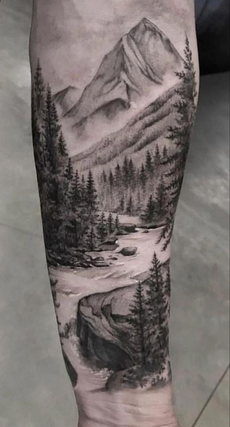 River with trees and mountain background Mountain Sleeve Tattoo, Forest Tattoo Sleeve, Natur Tattoo Arm, Dr Tattoo, Berg Tattoo, Tree Sleeve, Mountain Tattoos, Forest Tattoo, Scene Tattoo