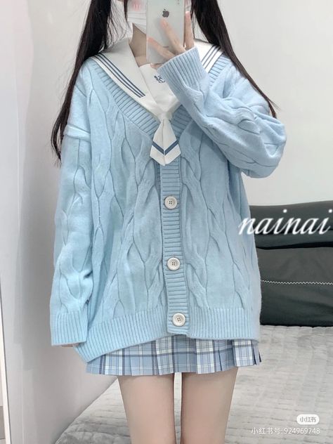 Korean Uniform, Pastel Clothes, Pastel Blue Dress, Blue Uniform, Light Blue Cardigan, Baby Mode, Blue Outfits, Lovely Fashion, Winter Inspo