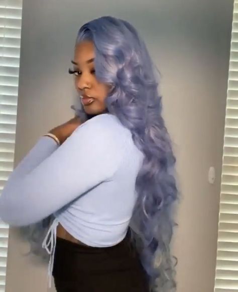 Light Lavendar Wig, Periwinkle Frontal Wig, Silver Blue Lace Front Wig, Lavender Hairstyles On Black Women, Powder Blue Lace Front Wig, Lavender Hair On Black Women, Powder Blue Wig Install, Color Wigs On Light Skin, Baddie Wig Colors