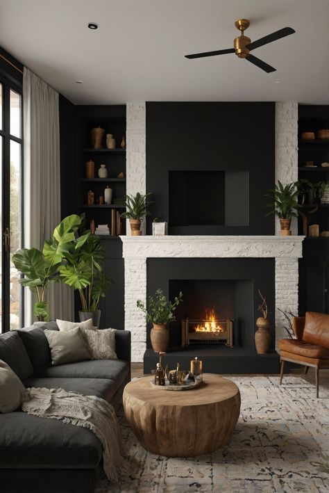 modern boho living room design, boho living room ideas, fireplace design, interior design styles, boho chic decor, cozy living room, wall decor ideas Boho Living Room With Fireplace, Boho Fireplace, Modern Boho Aesthetic, Living Room Design Boho, Boho Style Living, Light Oak Floors, Modern Boho Living Room, Colorful Desk, Decor Elements