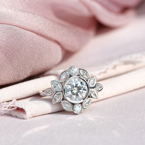 🐣. Offer Xtras! Bezel Set Diamond / Lab Diamond Engagement Ring, Round Diamond Ring, Halo vine Floral Wedding Ring, Vintage Unique Ring, Lily Emma for $2385.00 #EngagementRing #FlowerDiamondRing #EngagementRoseGold #FloralDiamondRing #LeavesEngagement #WeddingRingTrio #VictorianEdwardian #VintageEngagement #DiamondLeavesRing #FlowerEngagement Wedding Ring Guard, Floral Wedding Ring, Lab Diamond Engagement Ring, Diamond Anniversary Rings, Moissanite Wedding Rings, Bezel Set Diamond, Diamond Cluster Ring, Bezel Diamond, Engraved Rings