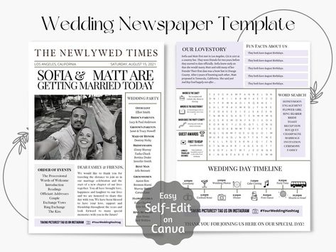 The Newlywed Post, Newlywed Post Newspaper, The Wedding Post Newspaper, Bridesmaid Giveaways, Wedding Day Newspaper, Newlywed Newspaper, Crazy Wedding Ideas, Wedding Newspaper Ideas, Interactive Wedding Ideas