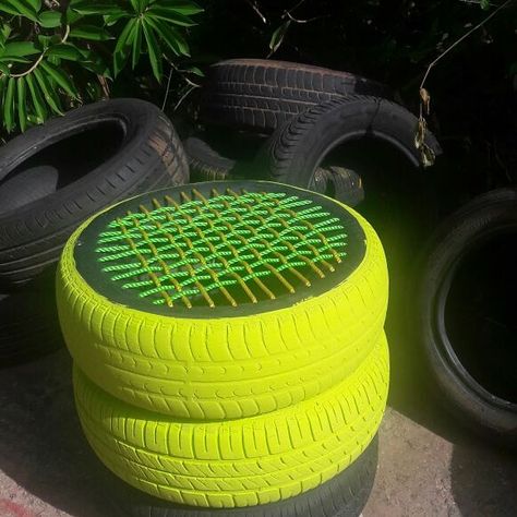 We love neon! Neon tyre seats by @onceuponatyre Tyre Seat, Tyre Seating Ideas, Tyre Seats, Recycled Tyres, Tire Seats, Outdoor Restaurant Patio, Tire Chairs, Tire Furniture, Tire Craft