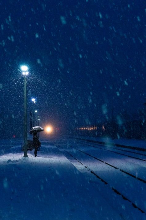 Snowy Train Station ~ By Hyun ho Kim Snowy Train Station, Snowy Night, Beautiful Snow, Winter Magic, Winter Nights, Snowy Day, Winter Night, Train Tracks, Winter Aesthetic