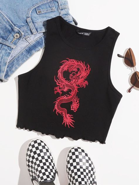 Chinese Dragon Print Lettuce Trim Tank Top Vintage Dragon, Cute Lazy Outfits, Women Tank Tops, Dragon Print, Cropped Tops, Simple Trendy Outfits, Chinese Dragon, Print Crop Tops, Teenage Fashion Outfits