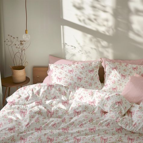 Designing a floral coquette bedroom or dorm room? Then this pink floral coquette bedding set is a perfect match for your pink floral bedding and coquette decor!  ♥ BEDDING OPTIONS This floral pink bow bedding set comes with the option to purchase just the floral coquette comforter or duvet cover in your choice of twin, twin xl, queen, or king size (depending on which option you select between comforter and duvet), as well as the option to add on the matching 2 coquette pillowcases. 1.  Comforter Aesthetic Room Inspo Pink And White, Pretty Bed Covers, Beds Coquette, Pink Bedsheets Aesthetic, Cute Pink Beds, Pink Coquette Sheets, Floral Bed Sheets Coquette, Bow Bedding Set, Cherry Bedsheets