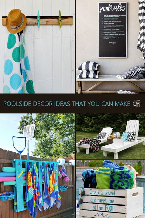 Poolside Decor That You Can Make - Rustic Crafts & Chic Decor Pool Toy Organization, Beach Theme Backyard, Pool Towel Holders, Towel Holder Diy, Pallet Pool, Water Ideas, Patio Cooler, Poolside Decor, Pool Storage