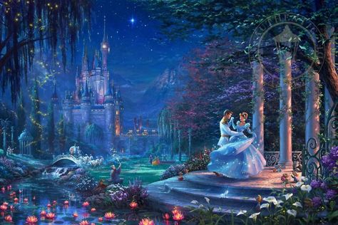 37 Disney Paintings By Thomas Kinkade That Look Even Better Than The Scenes From The Movies | DeMilked Cinderella Dancing, Kinkade Disney, Thomas Kinkade Disney, Tema Disney, Disney Paintings, Images Disney, Disney Cinderella, Romantic Scenes, Thomas Kinkade