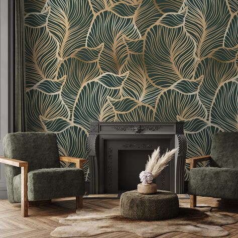 Best Quality Removable Wallpapers from Wall2Stick Dark green leaves with gold outlines in a vintage style 📏 S I Z E S 📏 Each wallpaper in my shop is printed especially for your order. There are four standard wallpaper sizes available in my shop and they are: 36 H x 48 W Inches / 92 cm x 122 cm 96 H x 48 W Inches / 244 cm x 122 cm 100 H x 48 W Inches / 254 cm x 122 cm 108 H x 48 W Inches / 274 cm x 122 cm If you want, you can order wallpaper specifically for your wall, see the next section - Cu Wallpaper For Foyer Area, Olive Green And Gold Wallpaper, Peel And Stick Wallpaper Dark Green, Moody Lobby Design, Dark Green Bedroom With Wallpaper, Best Living Room Wallpaper Accent Wall, Moody Dining Room Wallpaper, Black Gold And Green Bedroom, Dark Green And Gold Living Room