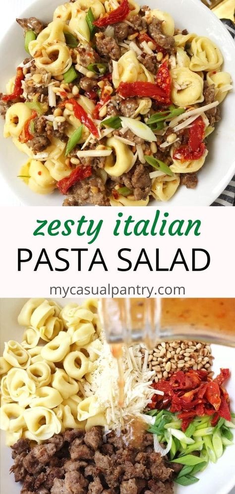 Easy and perfect for summer, this salad is packed with flavor from just a handful of ingredients. Store-bought dressing adds simplicity. Serve warm, cold, or at room temperature. | mycasualpantry.com #pastasalads #pasta #simple #summer #easy #italiansausage Zesty Italian Pasta Salad, Pasta Simple, Veggie Salads, Best Salads Ever, Great Salad Recipes, Italian Pasta Salad, Salad For Lunch, Pasta Salad Italian, Sprout Recipes