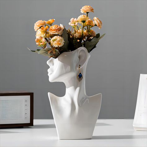 PRICES MAY VARY. 🍁Side Face With Earring Art Ceramic Vase - Feminist Decorative Vase Beautiful and unique modern ceramic vase, changing the concept of traditional vase, beautiful female face and modern vase art design, giving the vase a sense of beauty and fashion. Casually with a bouquet of flowers, exudes elegance, flowers create a romantic atmosphere, add more romance and fashion to your home. 🍁Oiled Glossy Ceramic Vase- Perfect details and extreme craftsmanship, our face vases are professi Side Face, Vase Deco, Face Vase, White Ceramic Vases, Vase Shapes, Decoration Originale, Head Vase, Candle Vase, Keramik Vase