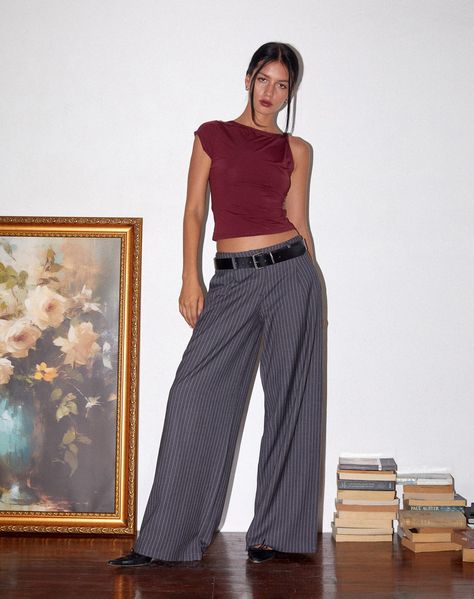 Women's Trousers - Motel Rocks – motelrocks.com Pinstripe Trousers Outfit Casual, Pinstriped Trousers Outfit, Grey Pinstripe Trousers Outfit, Grey Tailored Pants Outfit, Low Rise Trousers Outfit, Business Pants Outfit, Outfits With Grey Pants, Dark Grey Pants Outfit, Tailored Trousers Outfit