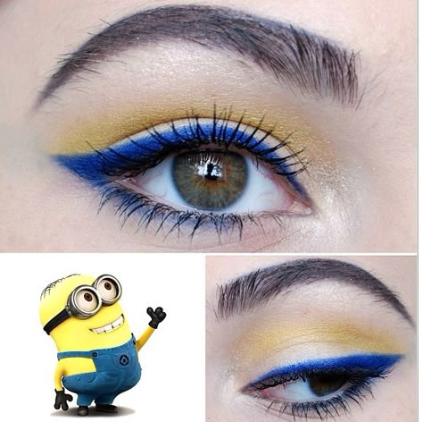 Minion Make Up Halloween, Minion Eyeshadow, Minion Makeup Cute, Minion Eye Makeup, Cute Minion Makeup, Minion Inspired Makeup, Minions Makeup, Minion Inspired Outfit, Minion Cosplay