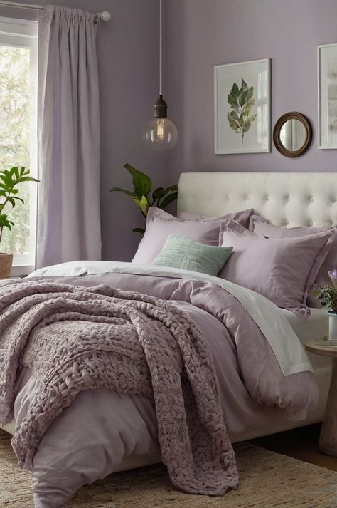 Purple Grey And White Bedroom Ideas, Lavender Bedroom Ideas For Teens, Cute Purple Bedroom, Purple Master Bedrooms Decor, Grey Purple Bedroom, Lilac Bedroom Aesthetic, Lavender And Grey Bedroom, Lilac And Grey Bedroom, Lavender And Green Bedroom