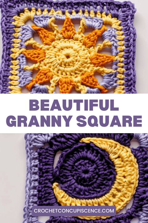 Stunning Sun and Moon Crochet Granny Square Pattern Design Granny Square, Sun And Moon Granny Square Blanket, Granny Star Blanket Crochet Pattern, Sun And Moon Granny Square Crochet Pattern, All In One Granny Square Yarn, Crochet Paw Print Keychain Pattern Free, Drawn Crochet Pattern, Crochet Square Shawl, Sunset Granny Square