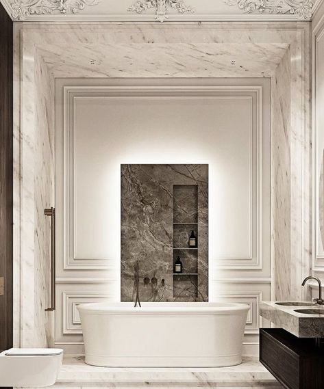 Classic Bathroom Design Luxury, Neo Classical Bathroom, Neoclassical Bathroom, Neoclassic Interior, Classical Bathroom, Classic Bathroom Design, Cozy Baby Room, Bathroom Ideas Luxury, French Interior Design