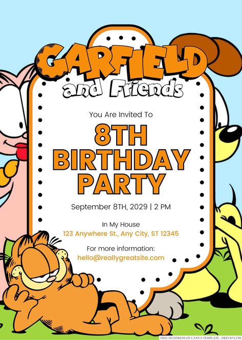 Free 16+ Garfield and Friends Canva Birthday Invitation Templates It's time to party with Garfield and Friends! Whether you're a longtime fan of the lasagna-loving cat or just love his hilarious antics, you can now create custom Garfield-themed birthday invitations ... Download this invitation for FREE at https://www.drevio.com/16-garfield-and-friends-canva-birthday-invitation-templates Garfield Birthday Invitations, Garfield Theme Birthday Party, Garfield Birthday Party Ideas, Garfield Birthday Party, Birthday Garfield, Baby Garfield, Garfield Party, Garfield Cake, Garfield Birthday