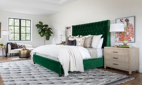 Room Ideas / Bedroom / Low-Key Glamour – High Fashion Home Green Headboard Bedroom, Green Headboard Bedroom Ideas, Headboard Bedroom Ideas, Green Headboard, Headboard Bedroom, Green Bed, Tall Bed, Glamourous Bedroom, Prime Colors