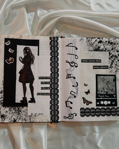 Black page from my scrapbook journal🎼🎵 #scrapebook#art#scrapbooking#journaling#photography#creative#blackandwhite#blackjournalspread #theraputic#inmyownworld#scrapebookjournal Black Theme Aesthetic, Journaling Photography, Black Scrapbook, Black Page, White Scrapbook, Scrapbook Inspo, Penny For Your Thoughts, Black Theme, Anime Journal