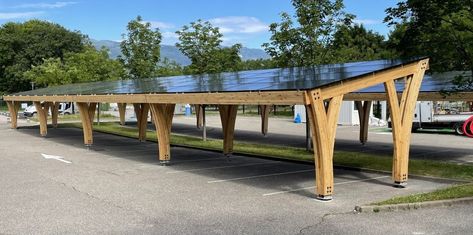 Timber framed solar carport Solar Carport, Carport Kits, Vertical Integration, Car Port, Renewable Energy Systems, Ground Covering, Solar Car, Larch Wood, Offshore Wind