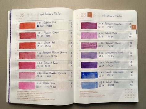 Watercolor Pallet, Winsor And Newton, Winsor And Newton Watercolor, Hobonichi Planner, Hobonichi Cousin, Hobonichi Techo, Winsor & Newton, Color Swatches, Color Chart