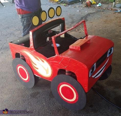 Diy Hot Wheels Costume, Blaze Monster Truck Costume, Blaze Costume Diy, Blaze Halloween Costume, Diy Monster Truck Costume, Cardboard Monster Truck, Blaze Costume, Monster Truck Costume, Blaze Monster Truck