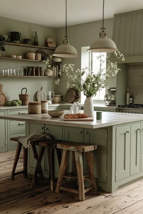 50+ Serene Kitchens with Sage Green Cabinets Sage Cabinets, Sage Green Home Decor, Sage Green Cabinets, Light Green Kitchen, Green Kitchens, Sage Kitchen, Kitchen Vibes, Sage Green Kitchen, Cabinet Painting