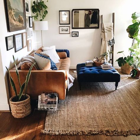 Beautiful and sunny eclectic living room. #upholsteredcoffeetable #leathercouch #gallerywall Modern Bohemian Living Room Decor, Cozy Apartment Decor, Modern Bohemian Living Room, Bohemian Living Room Decor, Decor Ikea, Design Apartment, Bohemian Living Room, A Living Room, Apartment Living Room