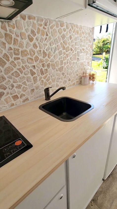 Kmart floor tiles as a splashback! Stone Splashback Kitchen, Terrazo Kitchen Splashback, Tile Splashback Laundry, Caravan Splashback, Terazzo Kitchen Splashback, Adhesive Tiles Kmart, Stone Splashback, Tile Hacks, Laundry Idea