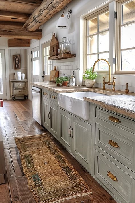 Country Cozy Kitchen, Cozy Farmhouse Interior Design, Renovating Farmhouse Ideas, Farmhouse Cabin Style, Cute Cozy House Ideas, Rustic Cream Kitchen, Cabin Farmhouse Kitchen, Kitchen With A Fireplace, European Farmhouse Aesthetic