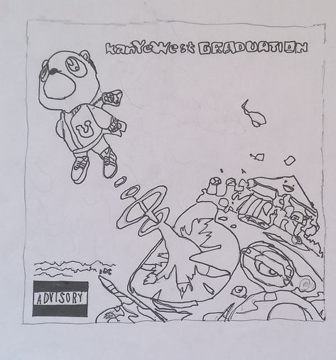 I drew the graduation album cover PS. this was drawn off computer screen, so it's not 100% hand drawn Hand Drawn Album Covers, Drawn Album Covers, Album Cover Drawings, Album Drawings, Graduation Album Cover, Graduation Kanye West, Graduation Drawing, Kanye West Albums, Cover Drawing