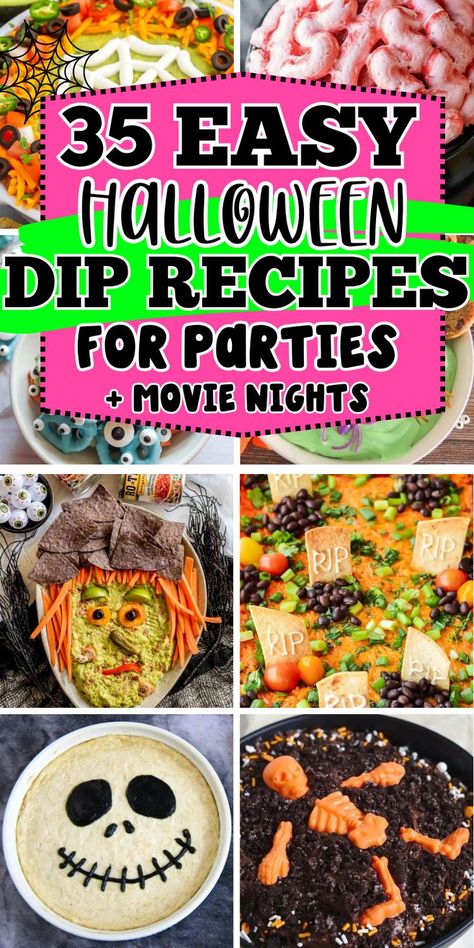 Easy Halloween dips for parties including spooky savory dip recipes for adults and sweet Halloween dessert dips for kids. They make easy Halloween appetizers, snacks, and treats for parties, potlucks, and movie nights. Easy Halloween Food For Party Crockpot, Cheap Potluck Ideas, Cheap Potluck, Easy Halloween Food For Party Simple, Halloween Dips For Parties, Graveyard Taco Dip, Savory Dip Recipes, Halloween Dessert Dip, Halloween Crockpot Recipes