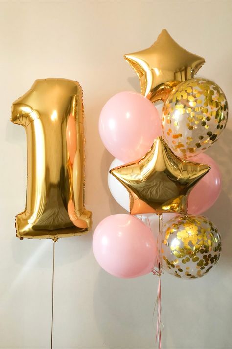 Birthday Balloon Bundle CUSTOM AGE Star Confetti Filled Classic Balloon Pink Gold Girly First Birthday Decoration Anniversary Year Celebrate any occasion with this part essential, a number balloon bundle. Pretty gold and pink party decoration that will make a great choice for fun girly events. The balloon bundle features stars, confetti-filled, classic balloons, and a large custom number balloon. Pink And Golden Birthday Theme, One Year Balloon Decoration, First Birthday Girl Balloons, 1 Balloon Number, Pink And Gold Party Decorations, Gold And Pink Party, Pink Gold Balloons, Pink Gold Birthday Party, Pink And Gold Balloons