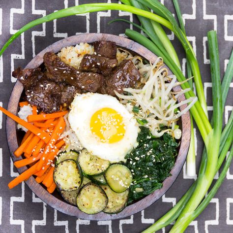 Bibimbap • Korean rice bowl with marinated beef, assorted vegetables, fried egg, spicy sauce • Panning The Globe Korean Rice Bowl, Korean Bibimbap, Bibimbap Recipe, Bulgogi Recipe, Salmon Rice Bowl, Korean Rice, Bulgogi Beef, Salmon And Rice, Marinated Beef