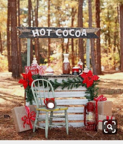 Tree Farm Photography, Winter Elves, Christmas Mini Sessions Outdoor, Outdoor Christmas Photos, Cocoa Stand, Christmas Mini Shoot, Hot Cocoa Stand, Christmas Booth, Photo Backdrop Christmas