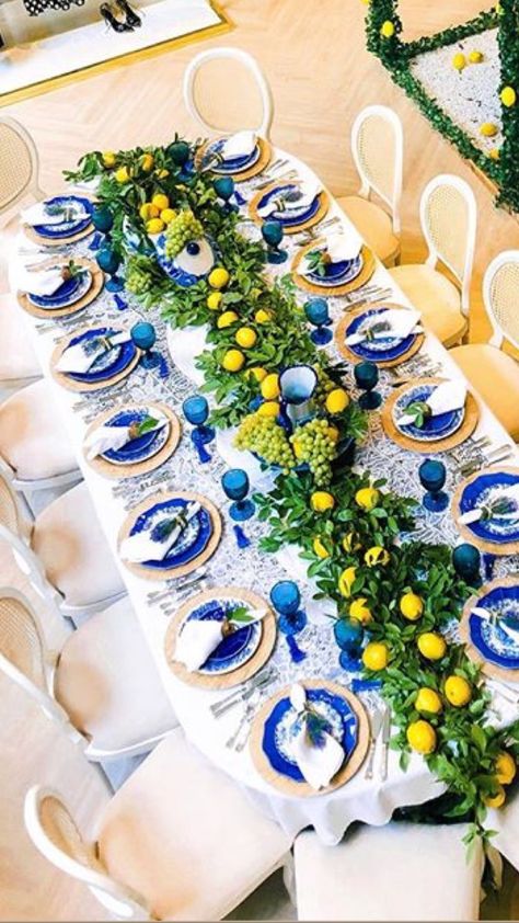 Capri Brunch Theme, Lemon And Blue Table Decor, Cote D’azur Theme Party, Almafi Coast Bridal Shower Centerpiece, Portofino Theme Party, Lemon And Blue Centerpiece Ideas, Lemon And Blue Themed Party, Blue White Yellow Tablescape, Capri Table Setting